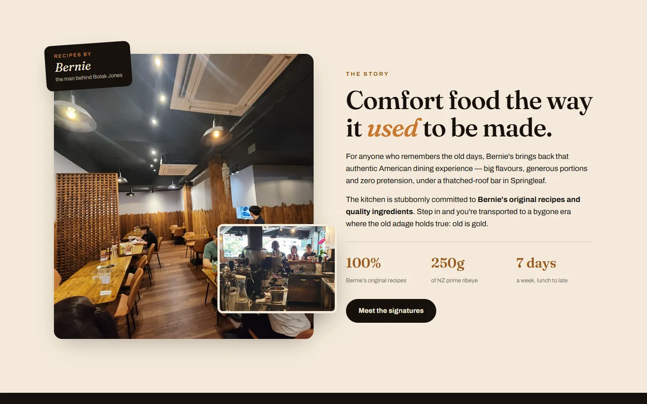 Editorial brand story rooted in warm, casual neighbourhood dining