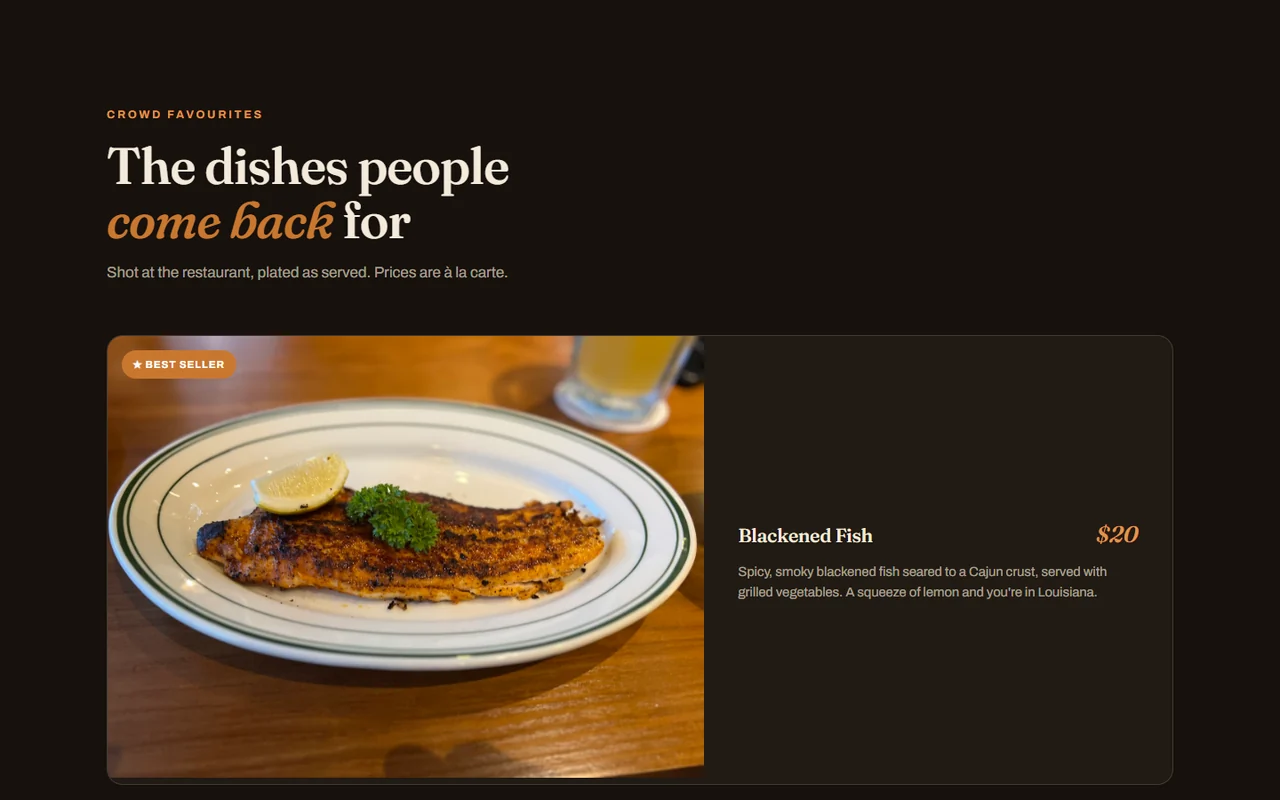 Signature dishes presented through warm, food-led storytelling
