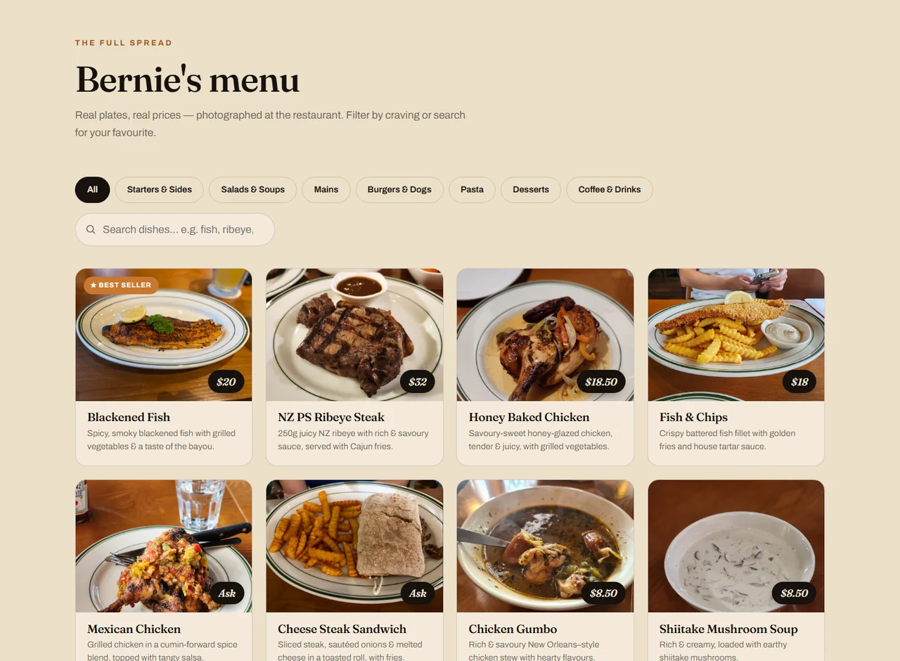 Photo-led menu with search and category filtering