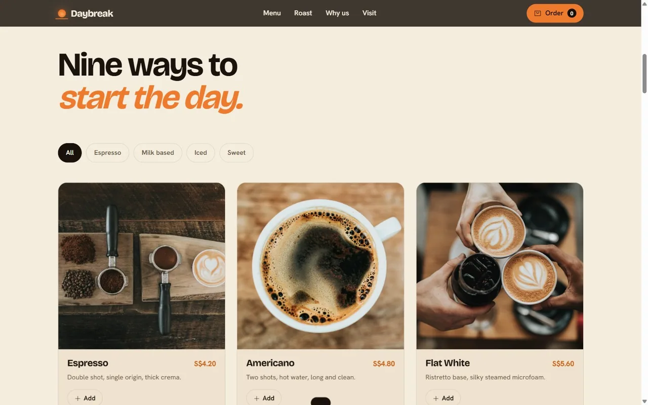 Daybreak Coffee Three.js hero