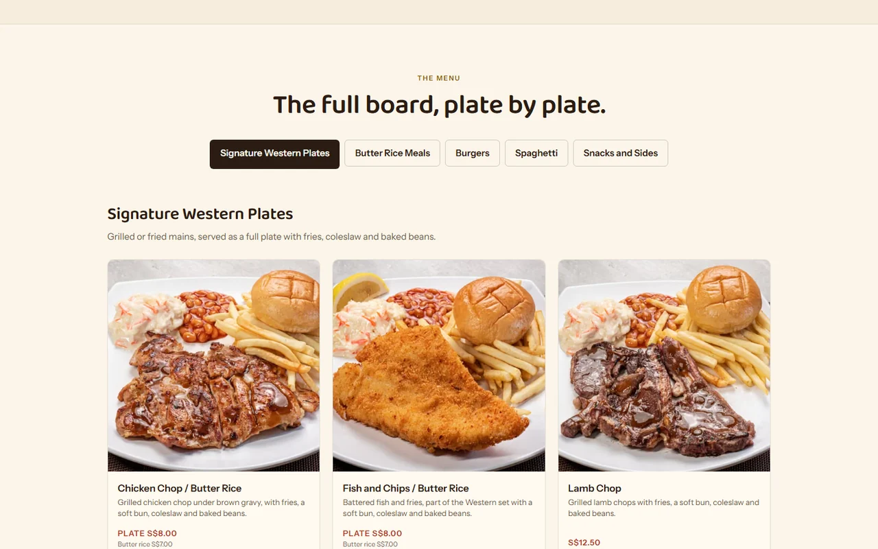 Menu section: the stall's own board transcribed into filterable categories with prices