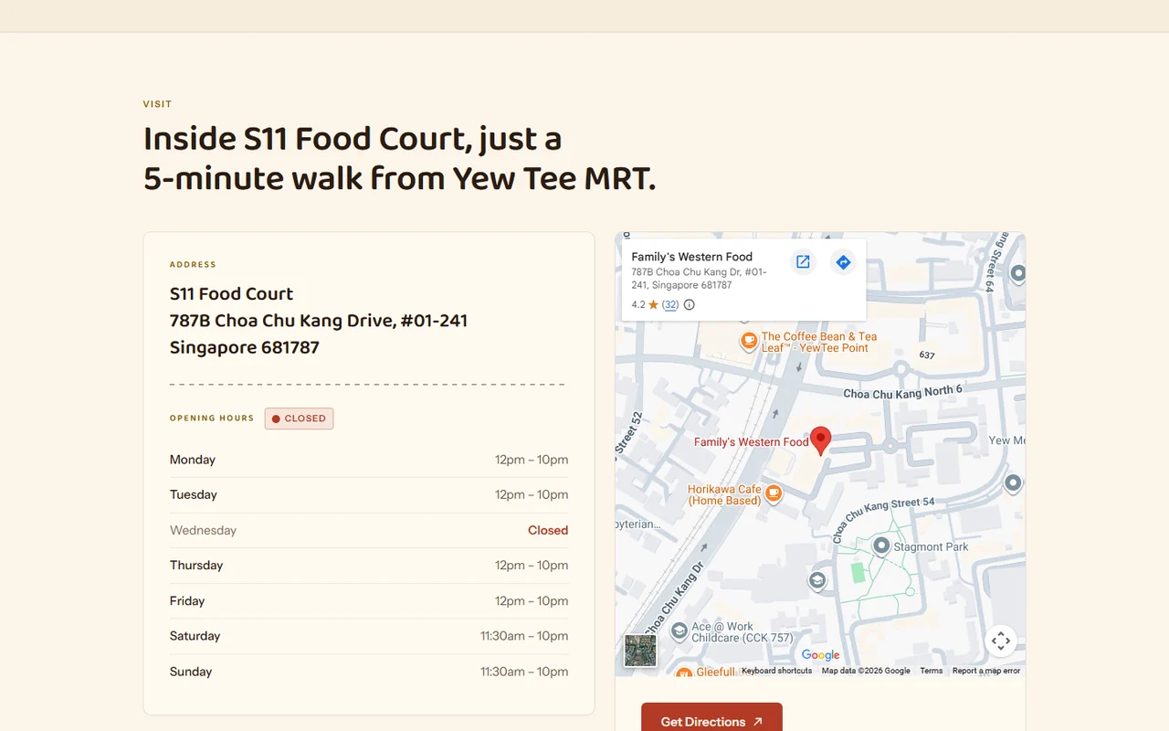 Visit section with address, the full week of opening hours and a live map
