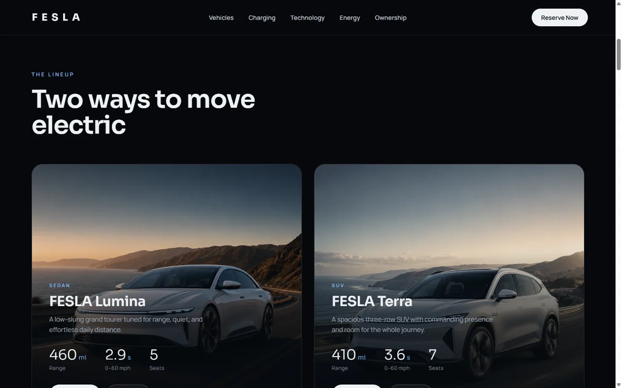 FESLA two-model lineup: Lumina sedan and Terra SUV