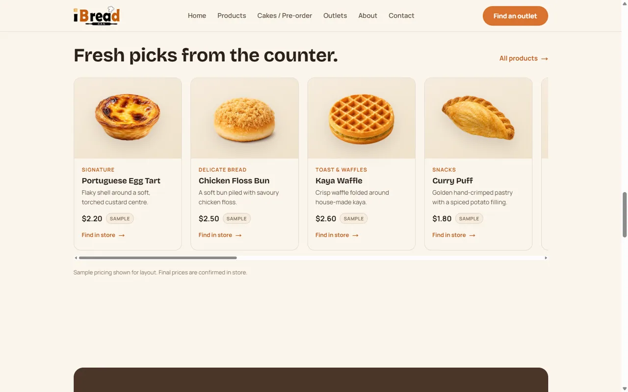 iBread twelve-product counter rail with sample prices