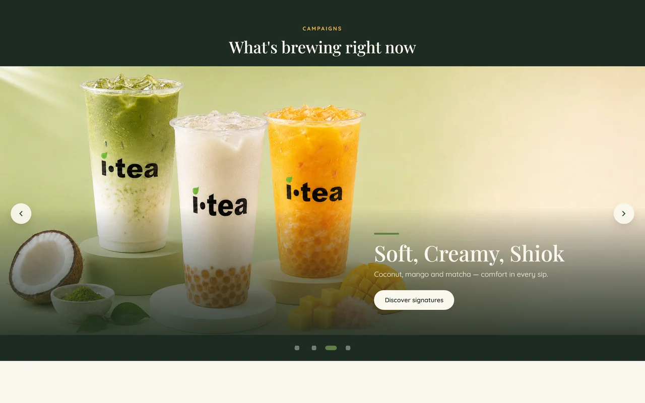 Seasonal campaign carousel with layered drink storytelling
