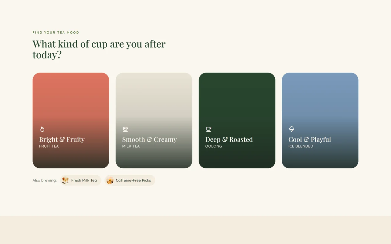 Mood-led drink-discovery cards that expand to reveal each taste profile