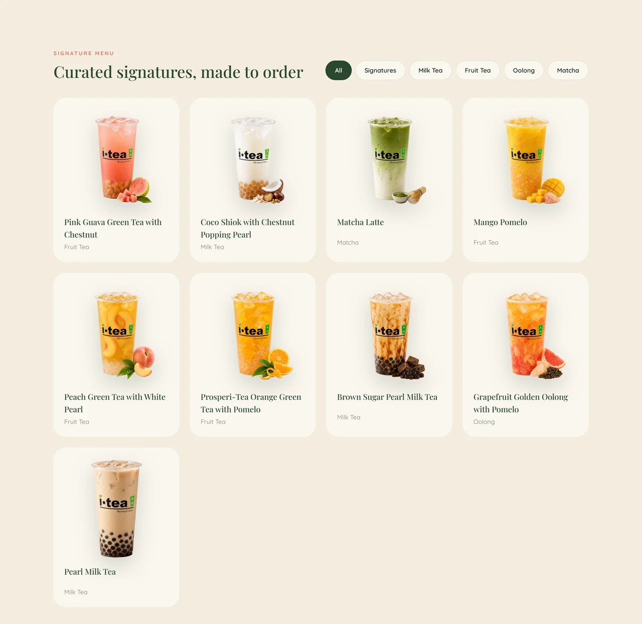 Responsive signature-drinks catalogue with category filtering
