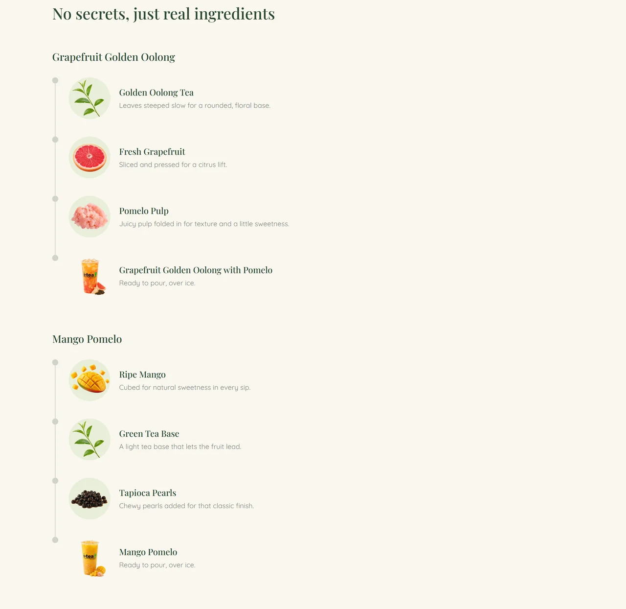 Ingredient-led storytelling showing how signature drinks come together
