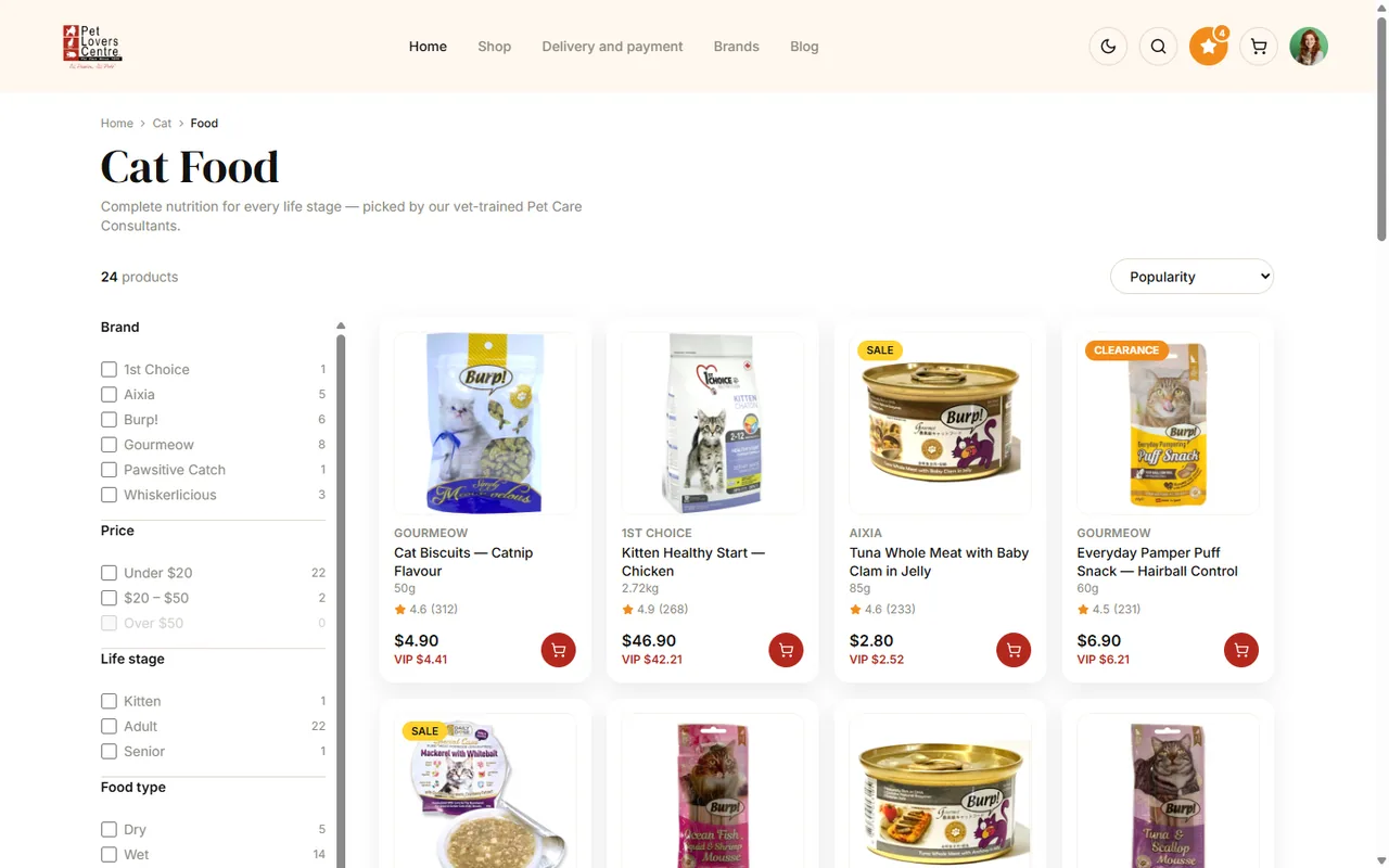 Pet Lovers Centre faceted Cat Food category page