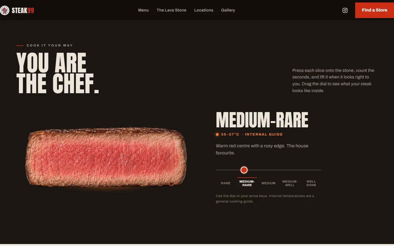Interactive doneness selector with five photorealistic steak stages