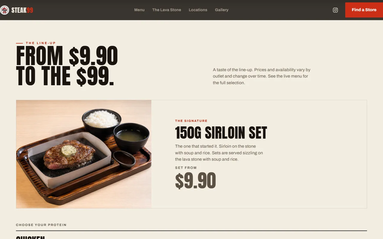 Data-driven menu featuring the signature 150g sirloin set