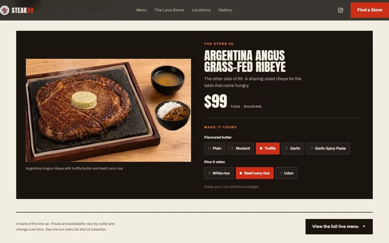 Interactive 700g Angus ribeye configurator with selectable toppings and sides