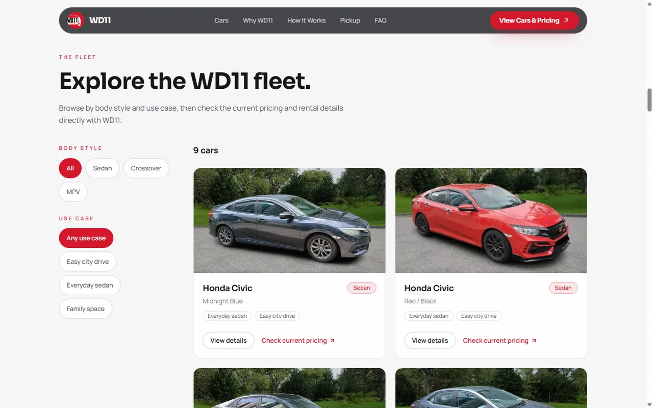 WD11 filterable fleet explorer with body-style and use-case filters